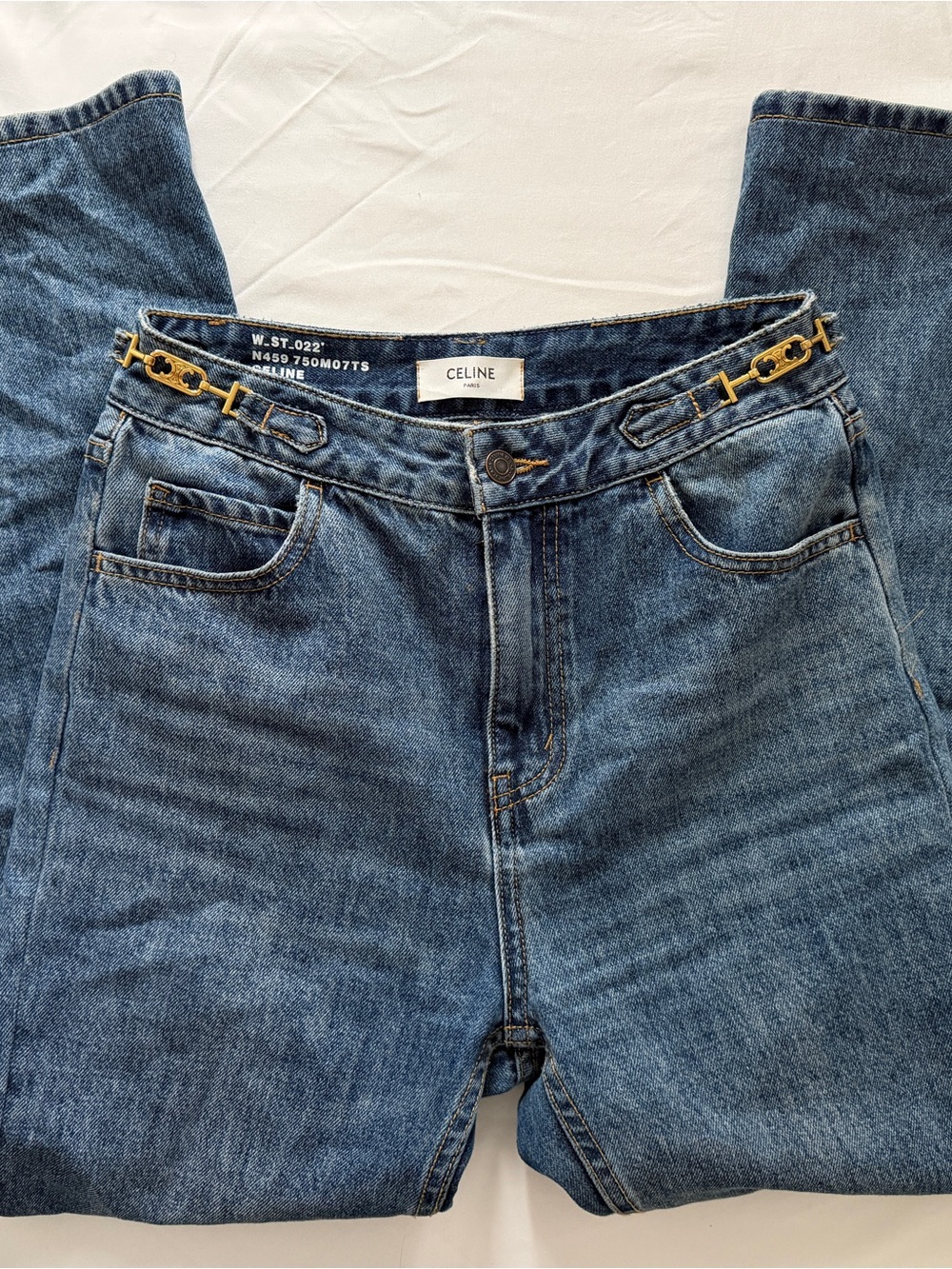 Celine Straight-Leg Mid Blue Jeans with Gold Chain Detailing